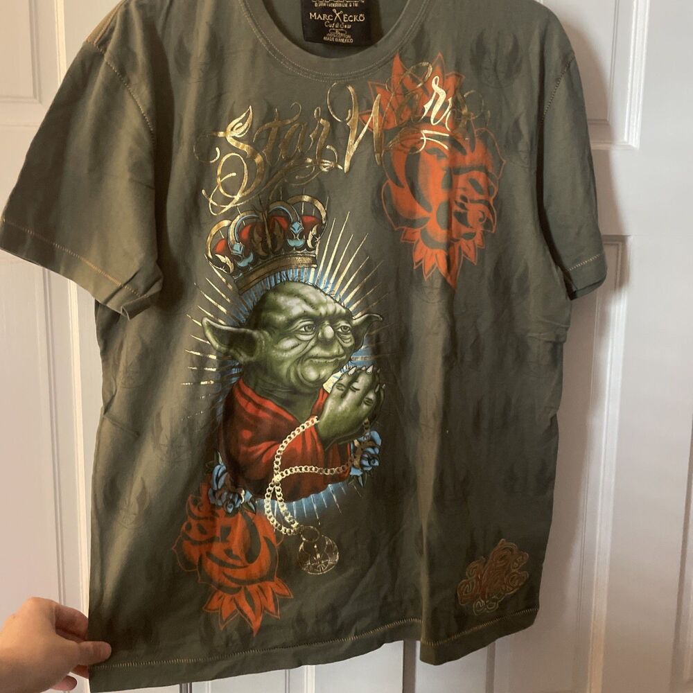 Y2K Marc Ecko Cut & Sew Star Wars Yoda Graphic T-Shirt 2008 Olive Green Mens XL